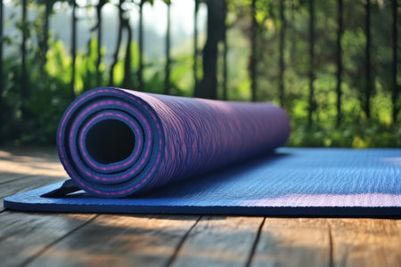 A vibrant yoga mat is neatly rolled on a wooden surface, set against lush green foliage in morning light.の写真素材
