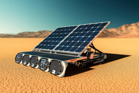 A solar panel array is positioned on the arid ground of a desert, capturing sunlight for energy use.の写真素材