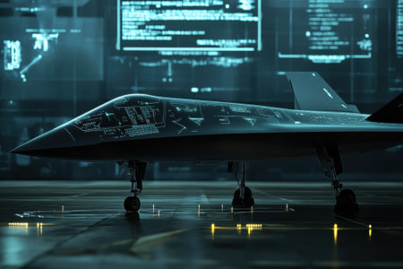 Advanced stealth aircraft showcased in a modern hangar filled with screens and technology.の写真素材