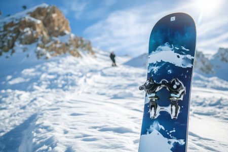 A snowboard sits on a snowy slope while a skier glides in the background under clear blue skies.の写真素材