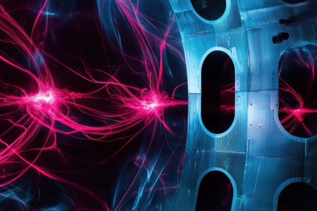 Colorful plasma arcs create dynamic energy patterns inside a modern research facility at night.の写真素材