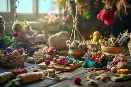 Craft supplies and colorful handmade items are spread across a rustic table in a warm, inviting workshop.の写真素材