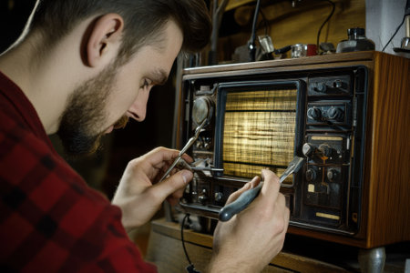 A man works diligently on an antique television set using tools to fix it in a rustic workshop environment.の写真素材