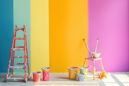 A ladder and stools surrounded by colorful paint buckets create a lively atmosphere in a room.の写真素材