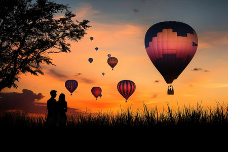 A couple watches colorful hot air balloons ascend against a stunning sunset sky, surrounded by tall grass.の写真素材