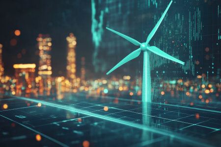 A wind turbine stands prominently against a digital backdrop of a vibrant city at night, showing clean energy.の写真素材
