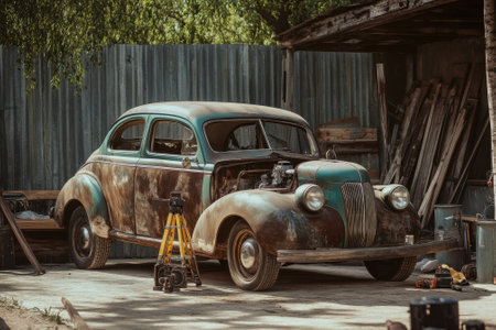 A weathered vintage car sits in a workshop, surrounded by tools and materials for restoration in process.の写真素材
