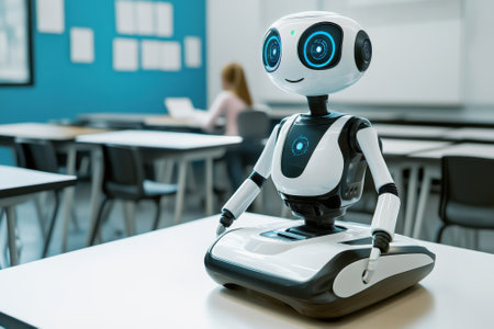 A friendly robot assists students while they focus on learning in a modern classroom environment.の写真素材