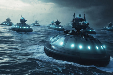 Futuristic vessels equipped with glowing lights travel in rough ocean waters under ominous skies.の写真素材