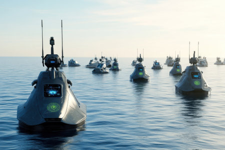 Robotic vessels glide through calm water, showcasing technology and innovation during a sunset demonstration.の写真素材