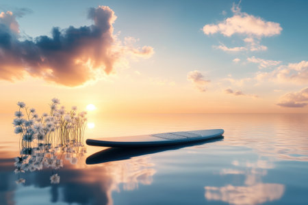 A serene sunset illuminates calm waters as a paddleboard floats near delicate flowers, creating a peaceful atmosphere.の写真素材