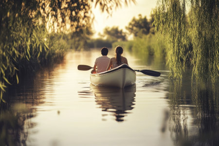 Two people paddle a canoe together on a calm river, with beautiful trees reflecting in the water during sunset.の写真素材