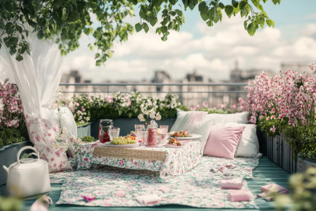 A lovely terrace picnic area with a floral tablecloth, cushions, snacks, and lush greenery all around.の写真素材