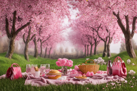A delightful picnic setup features food and drinks under pink cherry blossoms on a sunny spring day.の写真素材