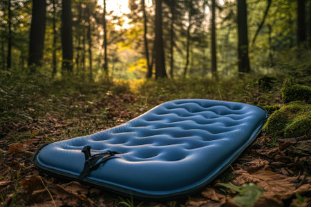 Comfortable sleeping pad lies on a wooded forest floor, with golden light filtering through the trees at dusk.の写真素材