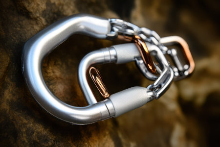 Metallic carabiners and linked chains lay on a rocky surface, reflecting sunlight and showcasing industrial design.の写真素材
