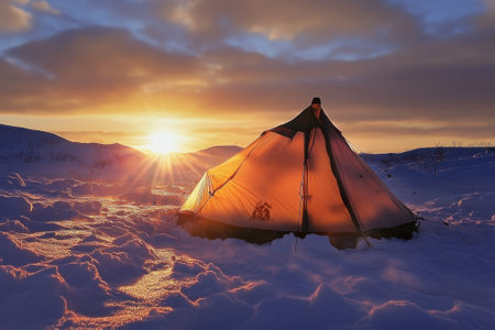 A warm glow radiates from a tent as the sun rises over a serene winter landscape covered in snow.の写真素材