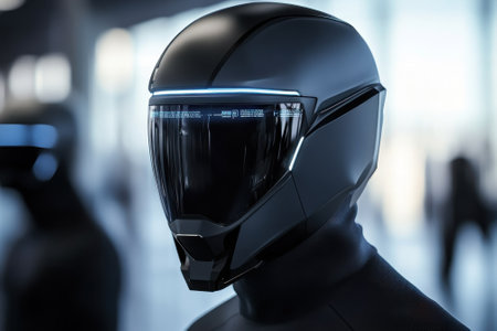 A close-up view of a modern helmet illustrates high-tech features and stylish design in an urban setting.の写真素材