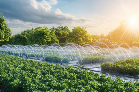 Sprinklers are actively watering vibrant green crops in a field under a beautiful sunset sky.の写真素材