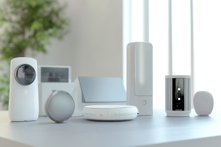 Various smart home devices are displayed on a table in a stylish interior with natural light and plants.の写真素材