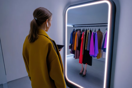 A woman interacts with a smart mirror while observing vibrant clothing in a contemporary retail space.の写真素材