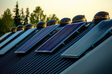Solar panels arranged neatly on a roof capture sunlight as the sun sets, showcasing renewable energy technology.の写真素材