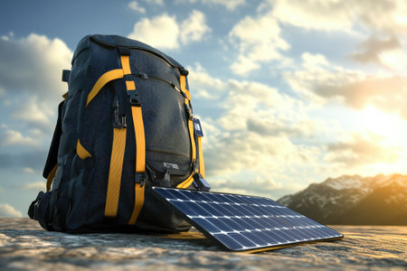 A sturdy backpack with a solar panel sits on rocky terrain during sunset, surrounded by mountains.の写真素材