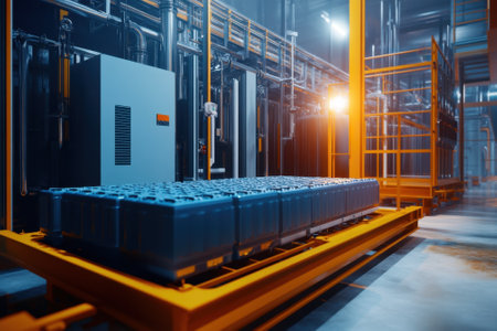 Automated storage area featuring blue containers and industrial machinery illuminated by evening light.の写真素材