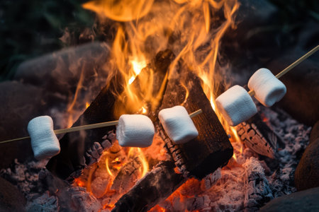 Friends gather around a crackling campfire, roasting marshmallows on sticks while enjoying a cozy evening outdoors.の写真素材
