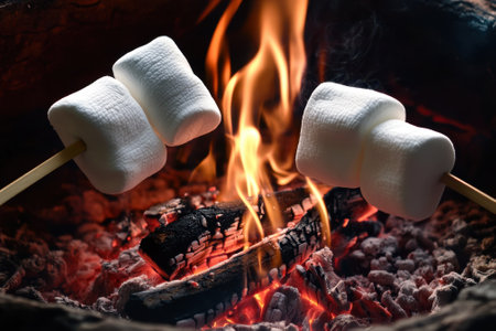 Two marshmallows on skewers are roasting over a crackling campfire, surrounded by glowing embers in the dark.の写真素材