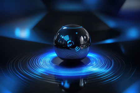 A sleek black sphere radiates blue light in a modern, tech-inspired setting, creating a mesmerizing effect.の写真素材
