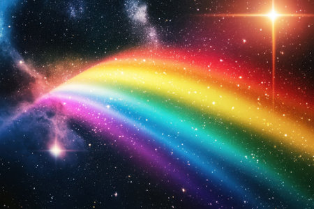 A vibrant rainbow stretches across a cosmic expanse, surrounded by bright stars and colorful galaxies.の写真素材