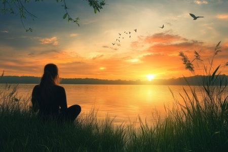 A woman sits peacefully on the grass, admiring a vibrant sunset reflected on the lake while birds fly above.の写真素材