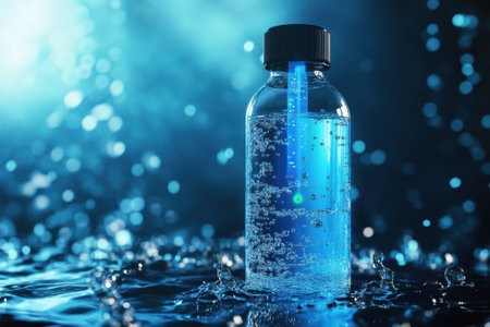 Reflections and splashes surround a glowing blue water bottle in a captivating display of light and water.の写真素材