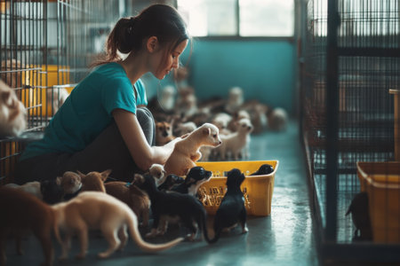 A young woman interacts lovingly with puppies in a shelter filled with cheerful animals.の写真素材
