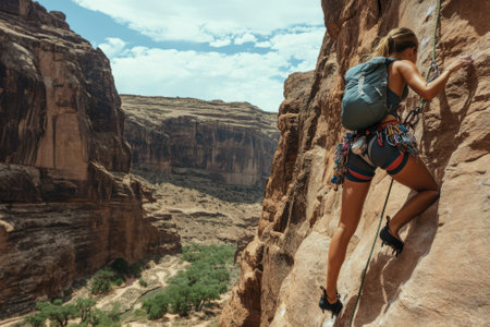 A skilled climber makes her way up a challenging rock face, showing casing determination in the desert landscape.の写真素材