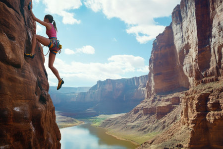 A climber ascends a rugged rock formation with a stunning canyon and river backdrop during daylight.の写真素材