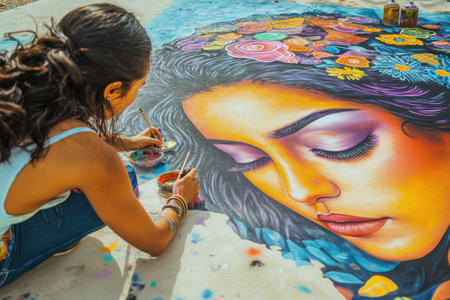 A talented artist uses vibrant colors to paint a large mural depicting a woman's serene face surrounded by flowers.の写真素材