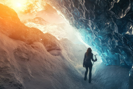 A person explores a stunning ice cave where warm light meets cool blue ice in a mesmerizing display.の写真素材