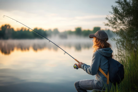 A child sits quietly by the lake, casting a fishing line into the calm waters at sunrise while surrounded by nature.の写真素材