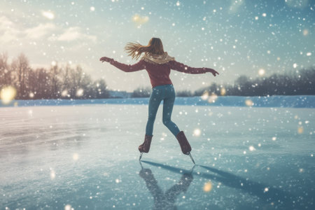 A skater enjoys a winter day on a frozen lake while snowflakes gently fall around her, creating a magical atmosphere.の写真素材