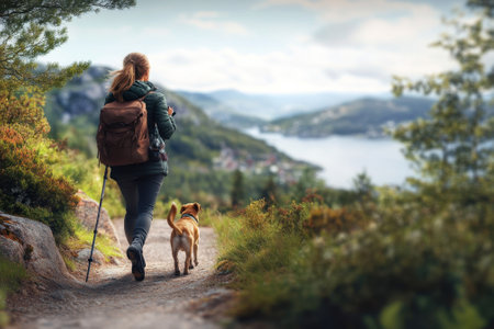 A woman walks her dog along a forested trail overlooking a serene lake in a picturesque landscape.の写真素材