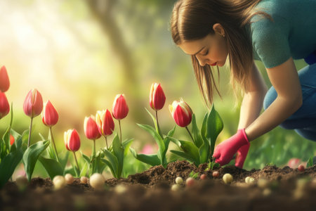 A woman enjoys planting tulip flowers in a garden, surrounded by colorful blooms and warm sunlight.の写真素材