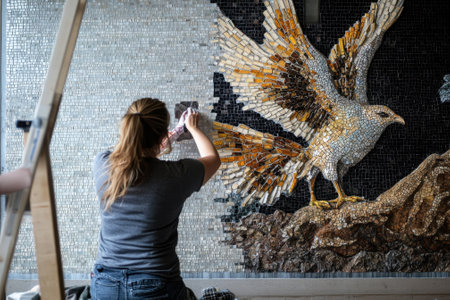 An artist carefully places tiles to form a beautiful mosaic of a bird in a bright workshop.の写真素材