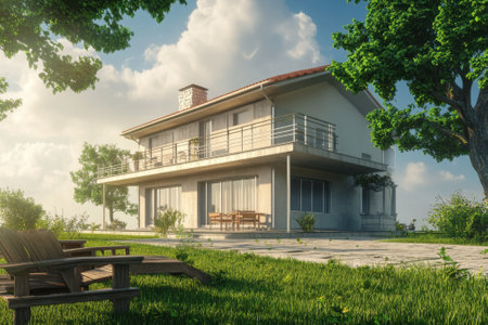 A contemporary house stands peacefully amidst vibrant greenery, basking in warm sunlight, perfect for relaxation.の写真素材