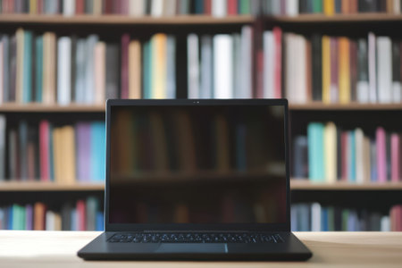 A laptop sits open on a wooden desk, facing a large bookshelf filled with various books.の写真素材