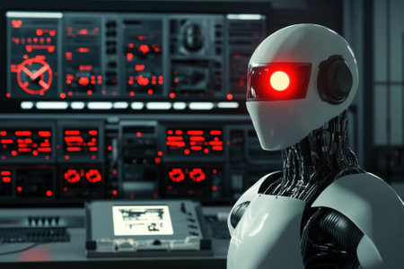 Humanoid robot stands in a control room filled with glowing screens and advanced technology.の写真素材