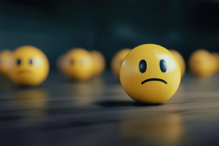 Yellow smiley faces, some happy and some sad, are arranged on a wooden surface in low light.の写真素材