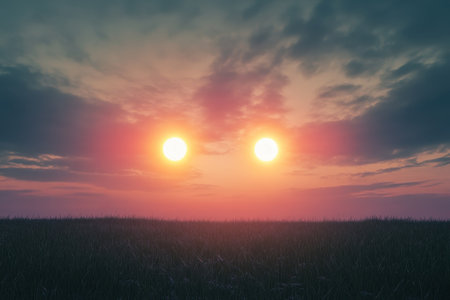 Twin suns illuminate the sky at dusk, casting vibrant hues over a tranquil grassland landscape.の写真素材
