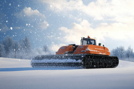 Heavy snow vehicle clears snow-covered terrain during a cold winter day in a rural area.の写真素材